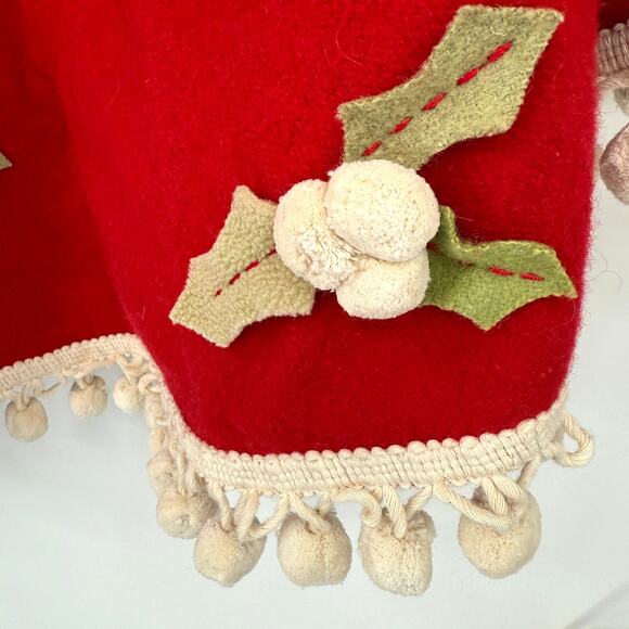 Restoration Hardware RH Vintage Red Wool Christmas Tree Skirt Holly Pompoms 54" - Picture 7 of 9